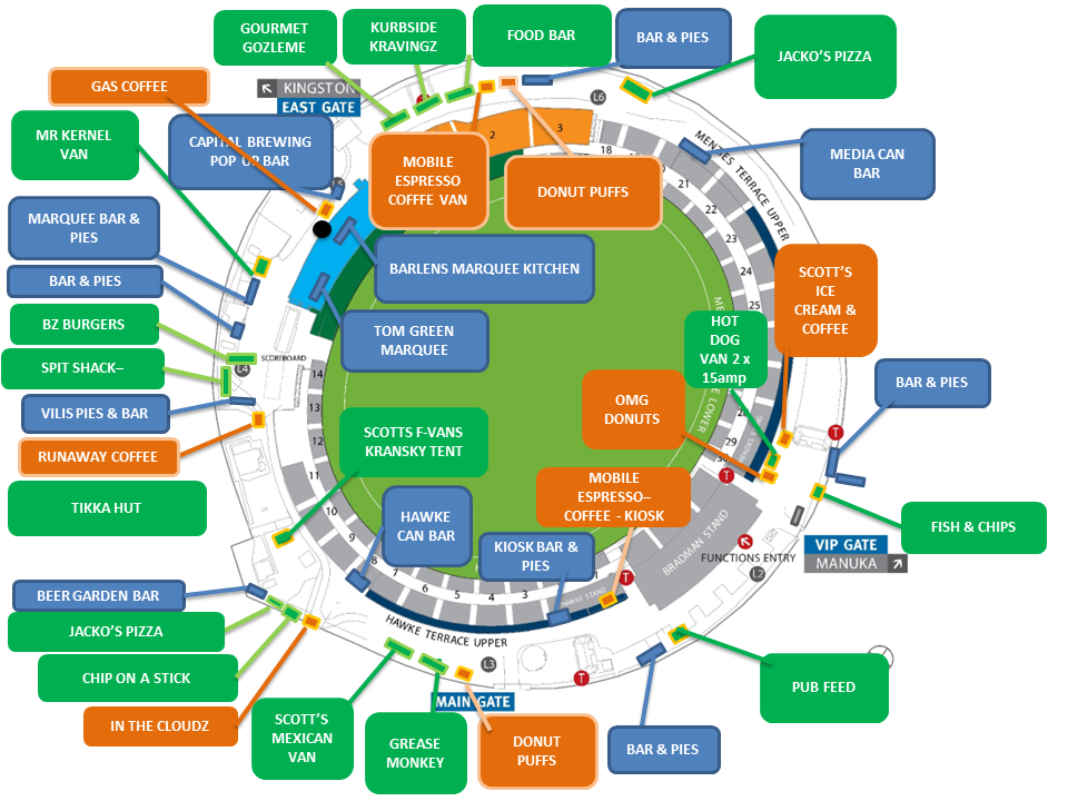 Map of food and beverage outlets at Manuka Oval