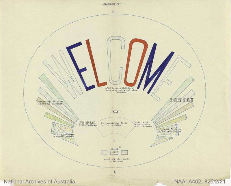 1954- 16 FebRoyal Visit- school kids display - NAA