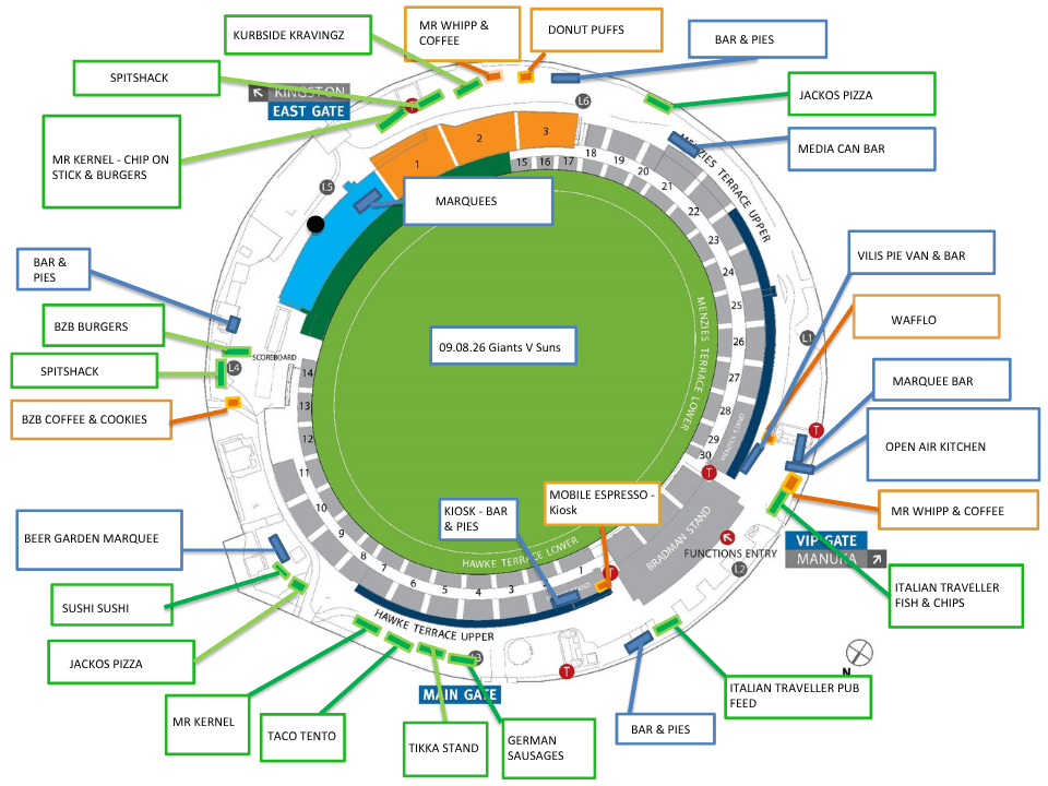 Food trail for the AFL Giants v Suns  match 9 August 2026